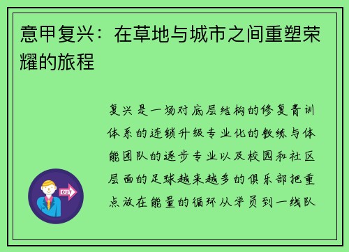 意甲复兴：在草地与城市之间重塑荣耀的旅程