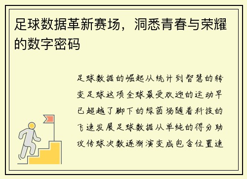 足球数据革新赛场，洞悉青春与荣耀的数字密码